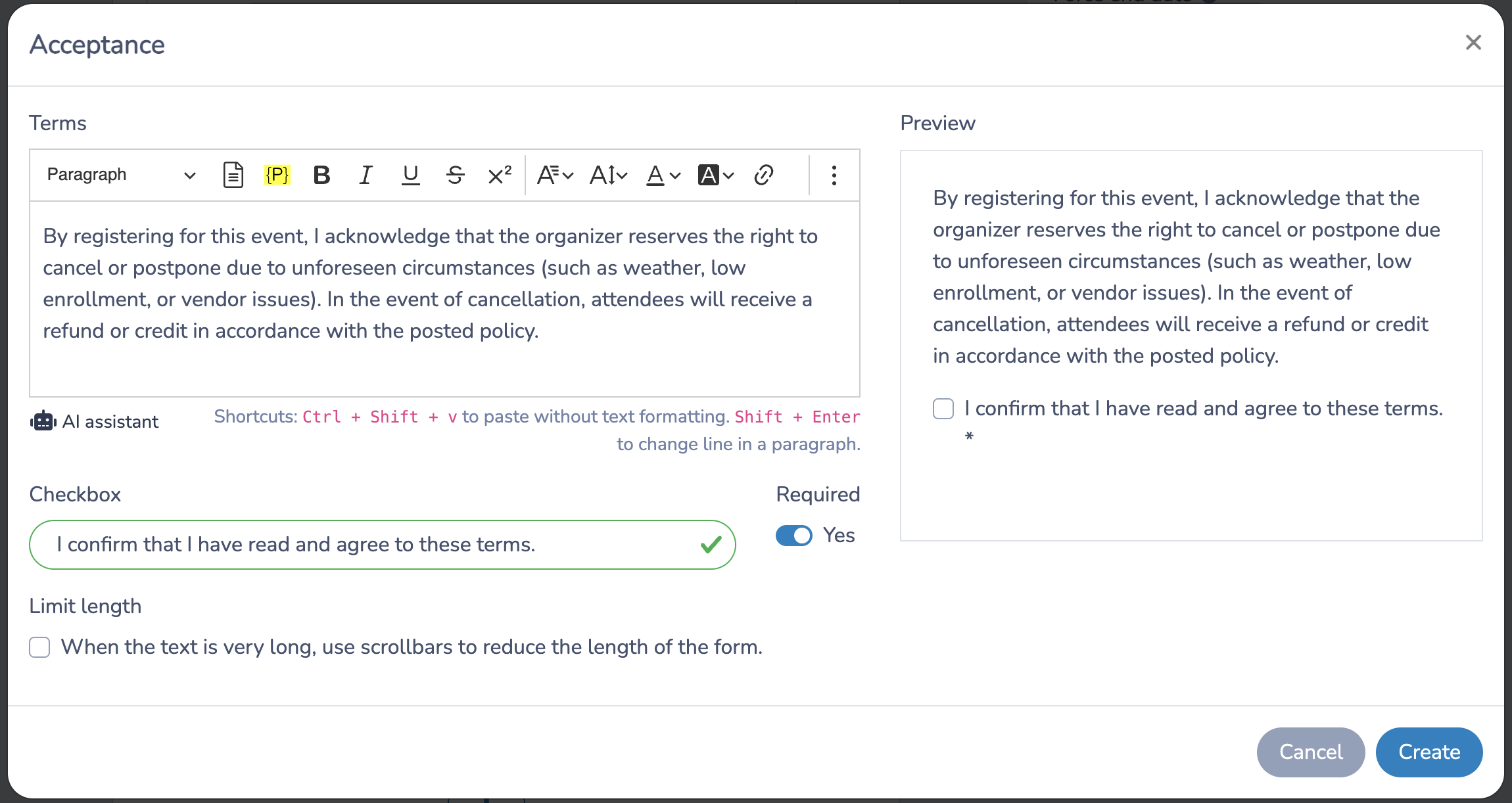 adding a cancellation clause to an event registration form